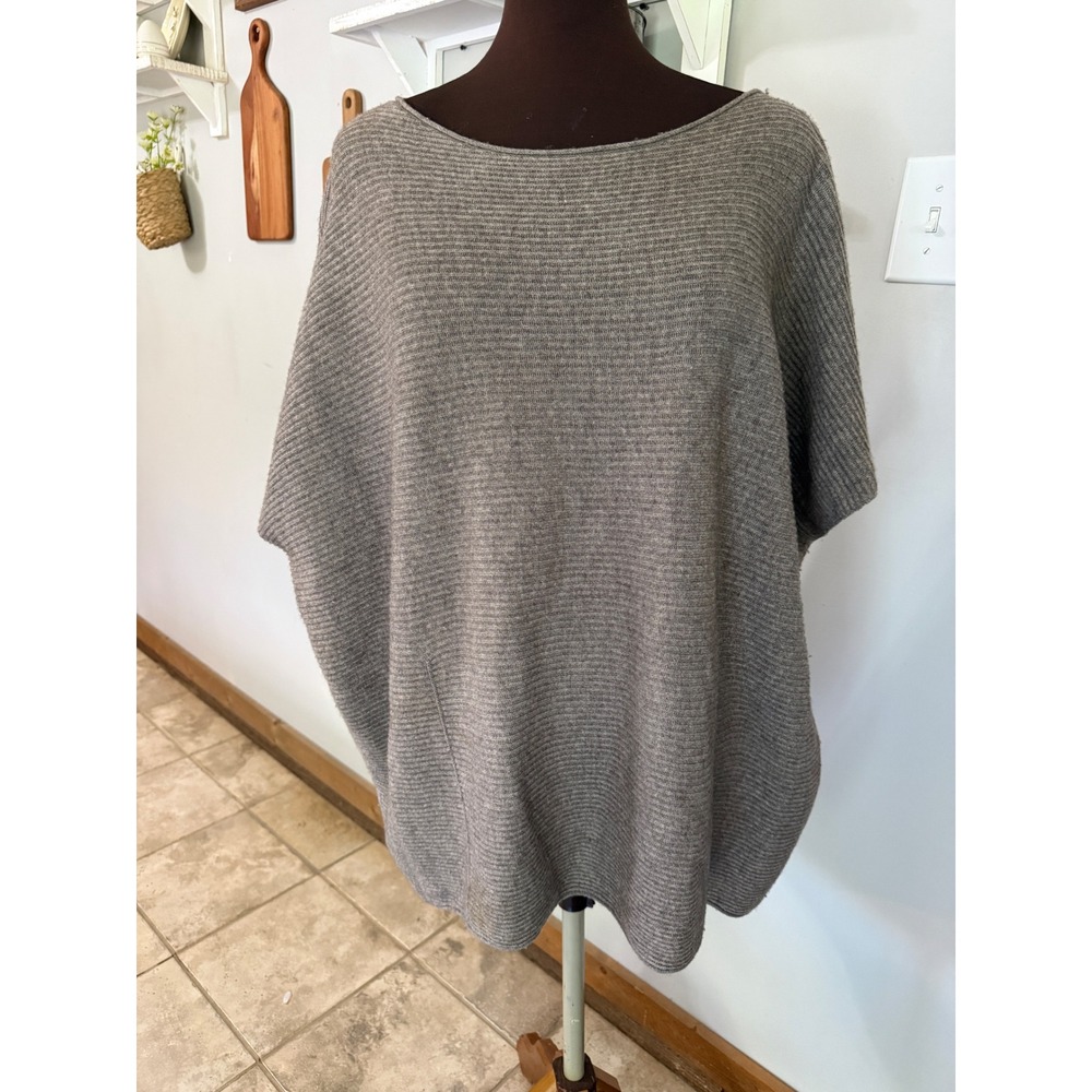 Vince Wool Cashmere Ribbed Oversized Poncho Sweater Grey Taupe Small